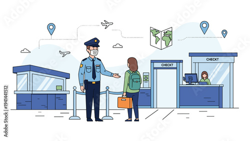 Airport security officer, wearing a mask, assisting a female passenger, with check-in counters and airplanes in the background.