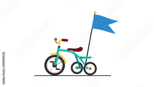 Charming blue and yellow tricycle with a waving blue flag, perfect for children's play and early riding adventures.