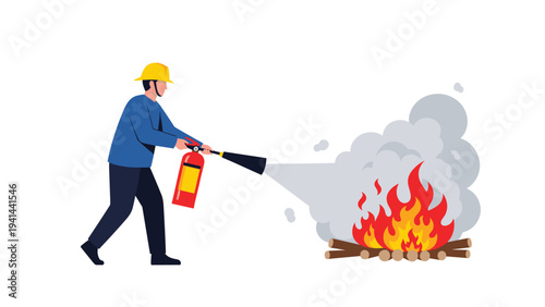 Man in a hard hat actively extinguishing a bonfire with a fire extinguisher, emphasizing essential fire safety and prevention.