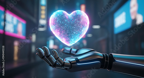 Robotic hand cradling glowing heart in futuristic cityscape