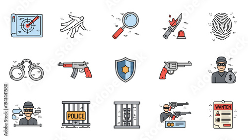 Extensive collection of crime and justice icons, depicting forensics, weapons, law enforcement, and criminal elements for legal themes.