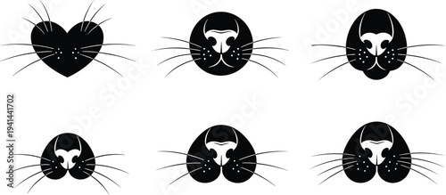 Cat nose and whiskers silhouettes collection, cute feline muzzle icons, pet face elements vector illustration set isolated background