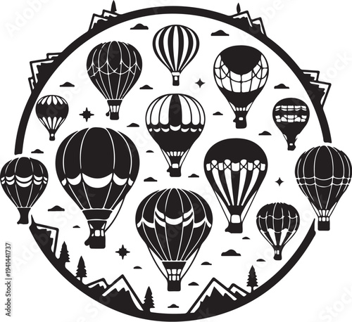 Hot air balloons flying over mountains in black illustration