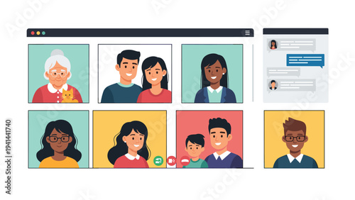 Dynamic video call interface displaying multiple diverse participants, including families and individuals, alongside a chat sidebar.