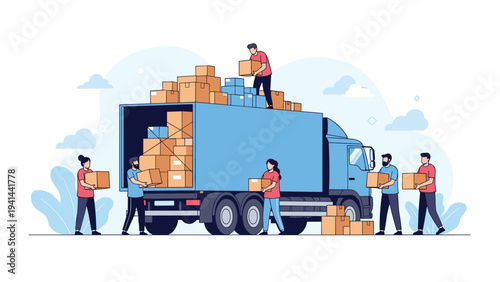 Diverse group of individuals actively loading and unloading cardboard boxes from a large delivery truck, symbolizing efficient logistics.