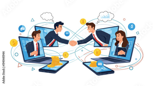 Business professionals shaking hands across digital screens, surrounded by currency, symbolizing global online business transactions and partnerships.
