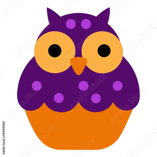 A flat vector graphic of an owl shaped cupcake featuring purple frosting with light purple spots and large orange eyes on a white background.