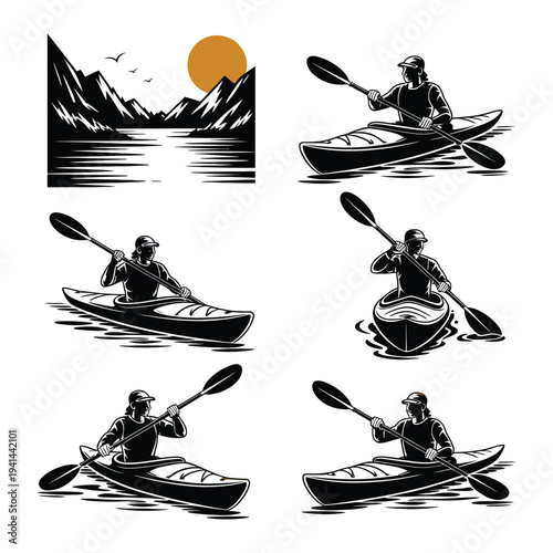 Kayaking Silhouettes Mountain Lake Sunset Scenery canoe