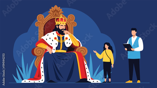 Illustrious king with crown and regal attire seated upon a golden throne, attended by a woman and man, representing royal authority.
