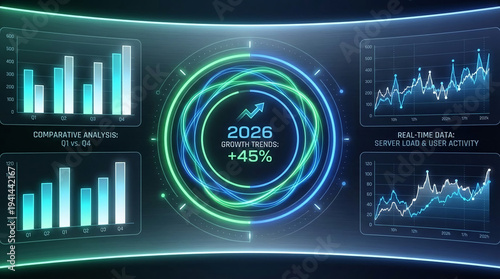Tech image with charts showing data analysis and a growth trend arrow, representing growth and business intelligence, perfect for data visualization