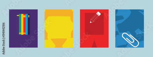 Colorful illustration of school supplies on rectangular backgrounds