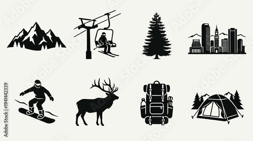 Colorado Rocky Mountains Icon Set – Outdoor Lifestyle Illustrations Featuring Mountain Peaks, Ski Lift, Pine Tree, Denver Skyline, Snowboard, Elk Deer, Hiking Backpack, and Camping Tent