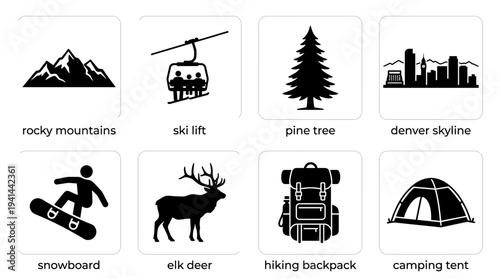 Colorado Rocky Mountains Icon Set – Outdoor Lifestyle Illustrations Featuring Mountain Peaks, Ski Lift, Pine Tree, Denver Skyline, Snowboard, Elk Deer, Hiking Backpack, and Camping Tent