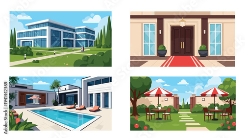 Diverse architectural and outdoor scenes featuring a modern office, grand entrance, luxury villa with a pool, and inviting outdoor cafe.