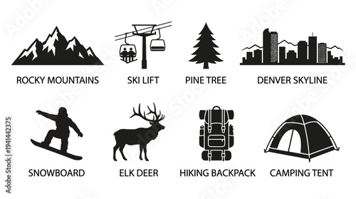 Colorado Rocky Mountains Icon Set – Outdoor Lifestyle Illustrations Featuring Mountain Peaks, Ski Lift, Pine Tree, Denver Skyline, Snowboard, Elk Deer, Hiking Backpack, and Camping Tent