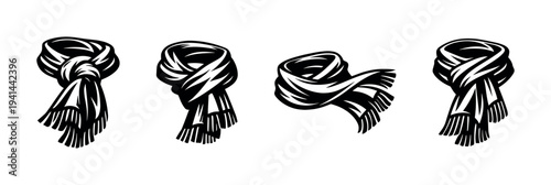 Black and white vector illustration of four stylish knotted scarves silhouette set