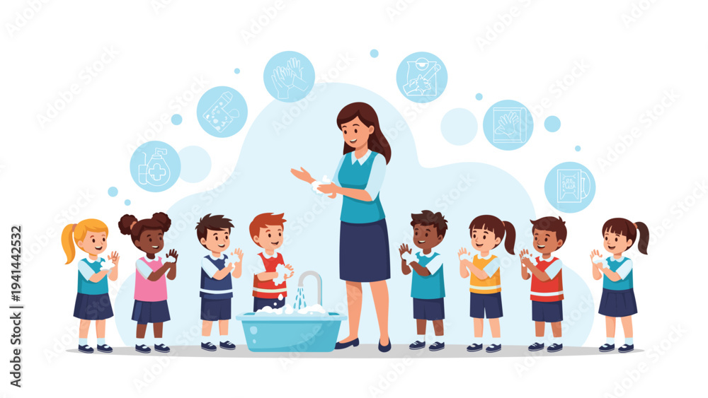 Fototapeta premium Preschool teacher demonstrates proper handwashing techniques to a diverse group of young children in a clean and safe learning environment.