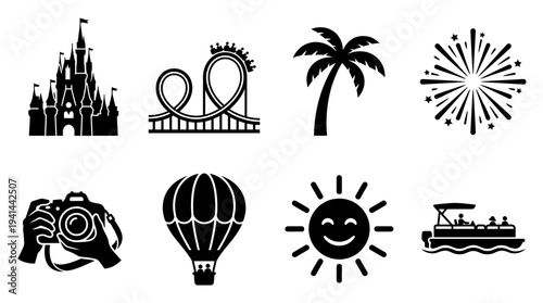 Vacation & Leisure Icon Set – Travel and Entertainment Illustrations Featuring Castle, Roller Coaster, Palm Tree, Fireworks, Camera, Hot Air Balloon, Smiling Sun, and Motorboat