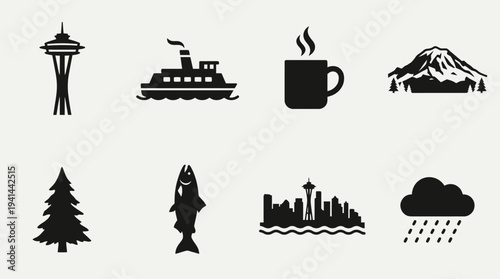 Seattle Icon Set – Pacific Northwest Landmarks and Lifestyle Illustrations Featuring Space Needle, Ferry Boat, Coffee Cup, Mount Rainier, Evergreen Tree, Fish Market, Skyline, and Rain Cloud