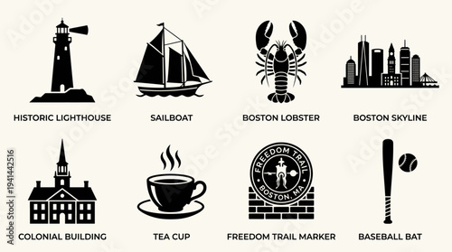 Boston Icon Set – New England Cultural Lifestyle Illustrations Featuring Lighthouse, Sailboat, Lobster, City Skyline, Historic Building, Clam Chowder, Baseball Emblem, and Bat with Ball