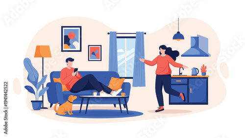 Happy couple relaxing in their cozy living room, man on sofa with dog, while woman moves around the modern kitchen area.