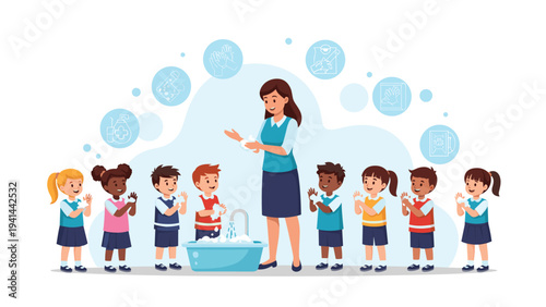 Preschool teacher demonstrates proper handwashing techniques to a diverse group of young children in a clean and safe learning environment.