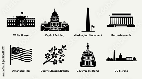 Washington D.C. Icon Set – Patriotic Landmarks and Heritage Illustrations Featuring White House, Capitol Building, Washington Monument, Lincoln Memorial, American Flag, Cherry Blossoms, Jefferson Memo