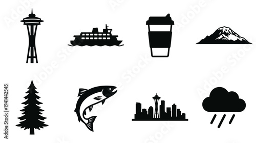 Seattle Icon Set – Pacific Northwest Landmarks and Lifestyle Illustrations Featuring Space Needle, Ferry Boat, Coffee Cup, Mount Rainier, Evergreen Tree, Fish Market, Skyline, and Rain Cloud
