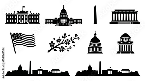 Washington D.C. Icon Set – Patriotic Landmarks and Heritage Illustrations Featuring White House, Capitol Building, Washington Monument, Lincoln Memorial, American Flag, Cherry Blossoms, Jefferson Memo