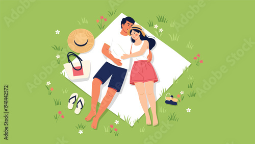 Happy young couple enjoying a romantic picnic, lying embraced on a white blanket amidst green grass and scattered flowers, top view.
