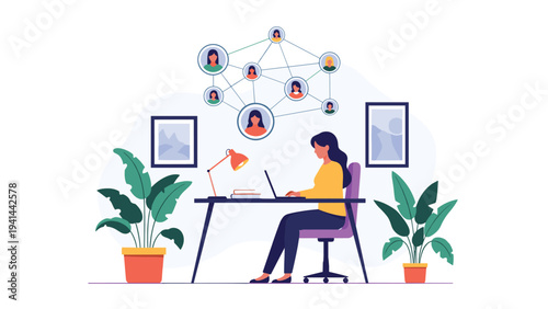 Businesswoman efficiently works on her laptop at a home office desk, surrounded by plants, symbolizing professional networking and remote work.