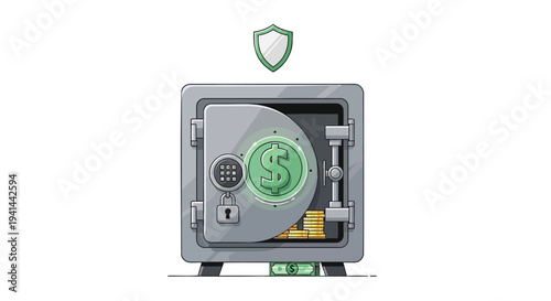 open safe with money and security shield