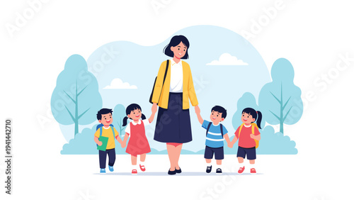 Caring female teacher walks hand-in-hand with a group of happy young children through a vibrant park, symbolizing early childhood education.