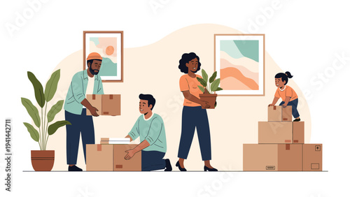 Diverse family busily moving into their new home, collaboratively packing and unpacking cardboard boxes with personal belongings.