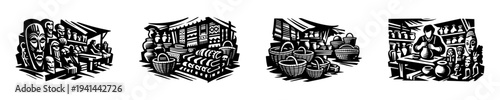 Black and white vector illustration of african market with artisanal crafts and pottery