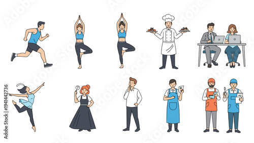 Diverse set of people depicting various professions and activities, including fitness, arts, office work, and manual labor occupations.