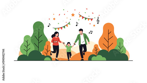 Joyful family of three, parents and child, happily running through a festive park adorned with colorful decorations and musical notes.