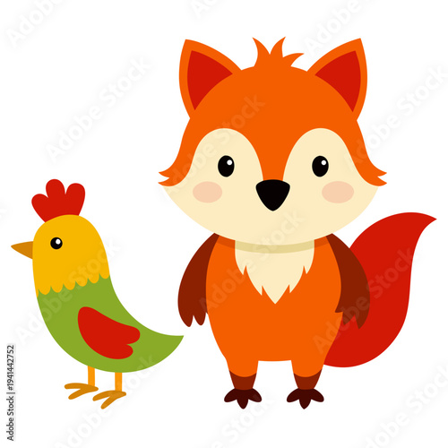 A light orange cartoon fox with a bushy red tail stands beside a colorful yellow and green rooster on a plain white background.
