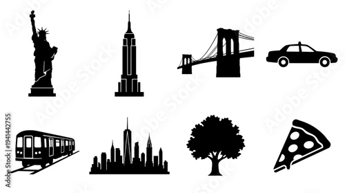 New York City Icon Set – Landmarks and Cultural Lifestyle Illustrations Featuring Statue of Liberty, Empire State Building, Brooklyn Bridge, Yellow Taxi, Subway Train, Skyline, Central Park Tree, and 