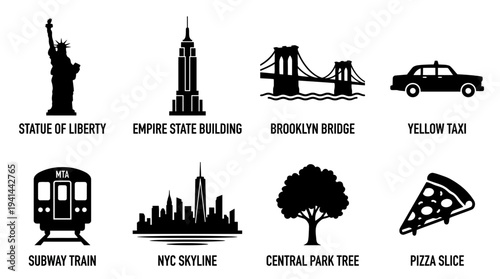 New York City Icon Set – Landmarks and Cultural Lifestyle Illustrations Featuring Statue of Liberty, Empire State Building, Brooklyn Bridge, Yellow Taxi, Subway Train, Skyline, Central Park Tree, and 
