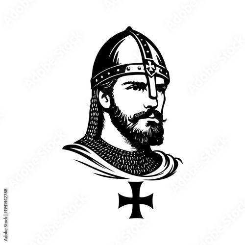 Logo guerrero cruzado medieval con armadura de cota de malla. Icono con caballero cristiano con casco y cruz en el pecho 
