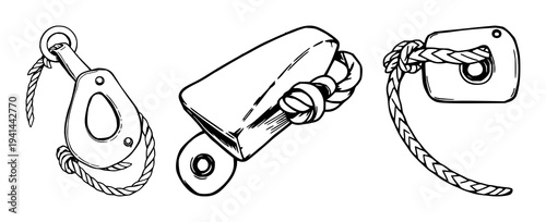 Dock cleat set with black line art design featuring antique wooden cleat, rope, nautical with anchor and harbor and maritime scenery