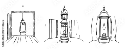 Lighthouse lantern room set with sparse black line art on white background featuring nautical, architecture, interior design elements with maritime and historic themes
