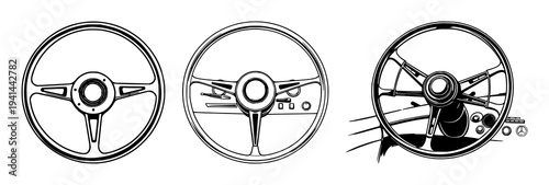 Steering wheel set with black line art design featuring vintage automobile, car interior, steering wheel with classic design and automotive illustration