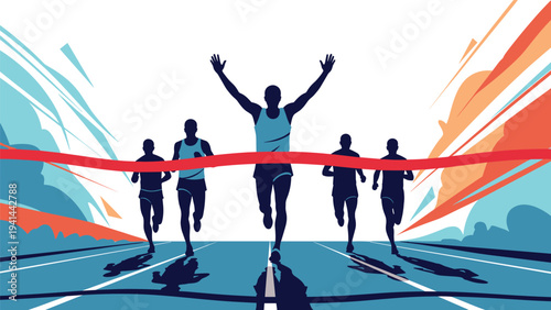 Victorious runner crosses the finish line with arms raised in triumph, leading a group of competitors in a thrilling race.