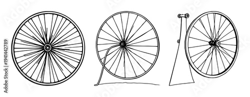 Penny-farthing large wheel set with detailed black line art illustration on white background featuring vintage bicycle, oversized rim, ornate spokes with simple illustration and vector graphics