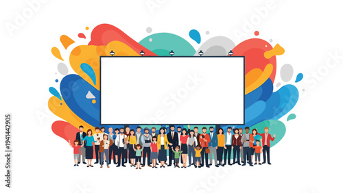 Diverse group of happy people stands united in front of a large blank billboard, surrounded by vibrant abstract shapes, ready for your message.