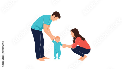 Loving parents patiently teach their baby to walk, supporting the child's precious first steps and celebrating a developmental milestone.