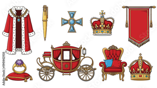 Exquisite collection of royal regalia and attributes, featuring ornate crowns, a majestic carriage, a plush throne, and ceremonial symbols.