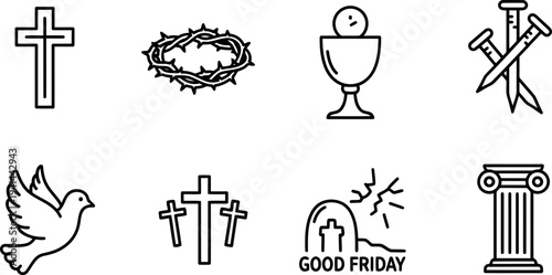 Good Friday Christian icons: cross, crown of thorns, chalice, nails, dove